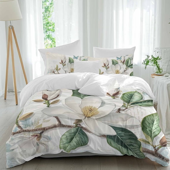 3 Piece White Floral Duvet Cover Set Queen Size,Microfiber Comforter/Quilt Cover with Corner Ties and 2 Pillowcases,Botanical Magnolia Flower Leaves Butterfly All Season Bedding with Zipper Closure