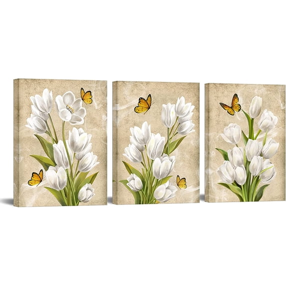 3 Piece White Flower Picture Bathroom Decor Tulip Painting Art Print Vintage Floral and Butterfly Canvas Artwork Framed for Bedroom Ready to Hang 12x16x3Pcs