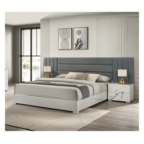3-Piece White Gray Wood Modern Lacquer Bedroom Set, California King Platform Bed Frame with 2 Nightstands