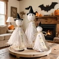thumbnail image 1 of 3-Piece White Primitive Halloween Ghost Decor Set, Vintage Standing Ghosts on Wooden Base with Witch Hats, Spooky Indoor Table Centerpiece & Mantel Decoration, 1 of 9