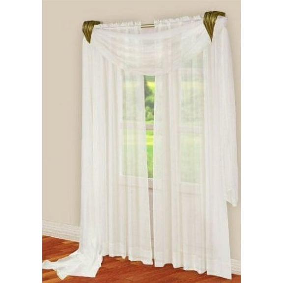 3 Piece White Sheer Voile Curtain Panel Set: 2 White Panels and 1 Scarf
