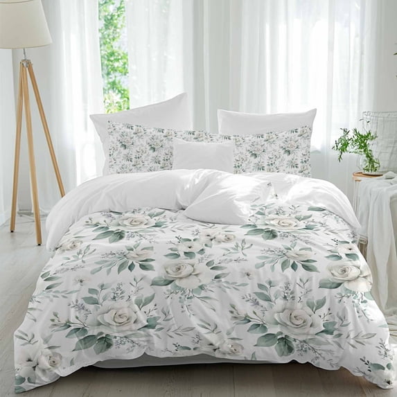 3 Piece White Spring Floral Duvet Cover Set Full Size, Microfiber Comforter/Quilt Cover with Corner Ties and 2 Pillowcases, Pastoral Flowers Watercolor All Season Soft Bedding with Zipper Closure