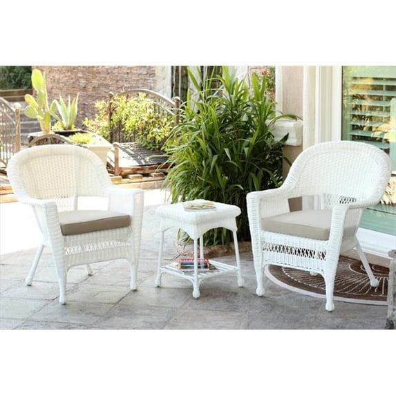 3 Piece White Wicker Chair And End Table Set With Tan Chair Cushion