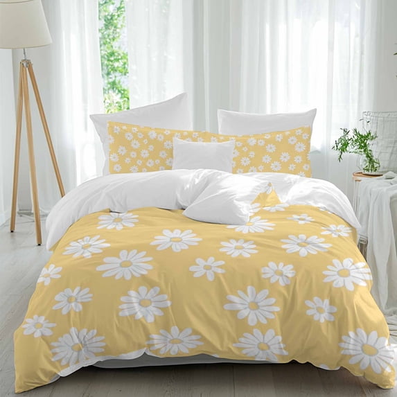 3 Piece White Yellow Daisy Duvet Cover Set California King,Microfiber Comforter/Quilt Cover with Corner Ties and 2 Pillowcases,Spring Summer Floral Botanical All Season Bedding with Zipper Closure