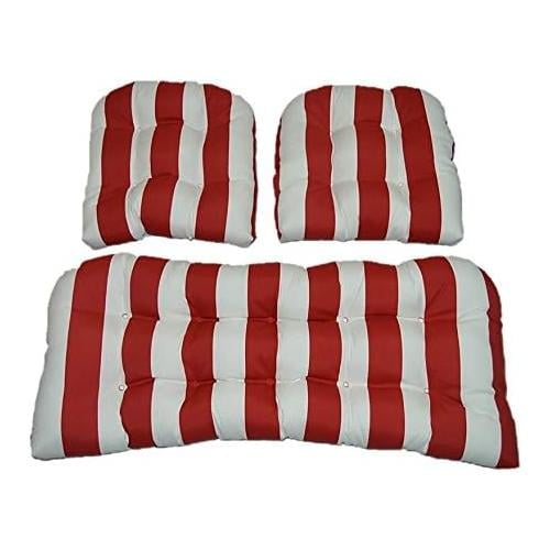 3 Piece Wicker Cushion Set Red And Ivory Stripe Indoor/Outdoor Fabric