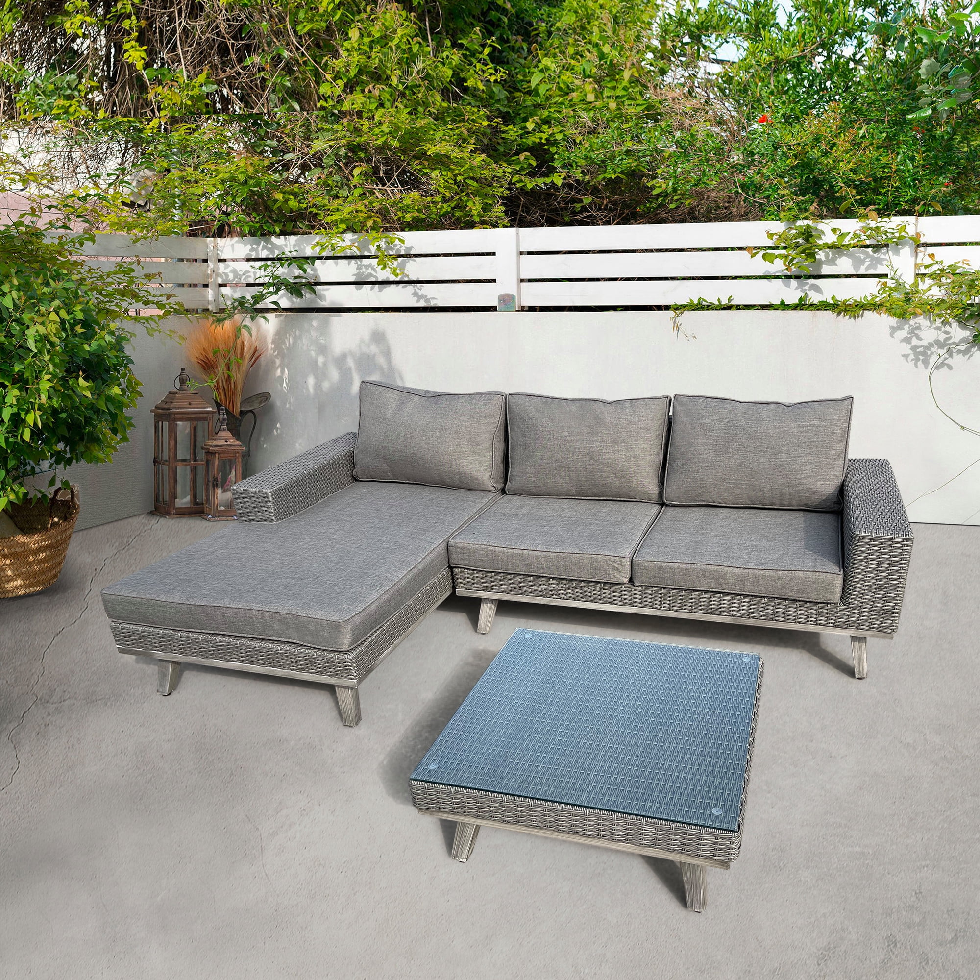 Gray Wicker Outdoor Sectional Set with Aluminum Frame and Cushions