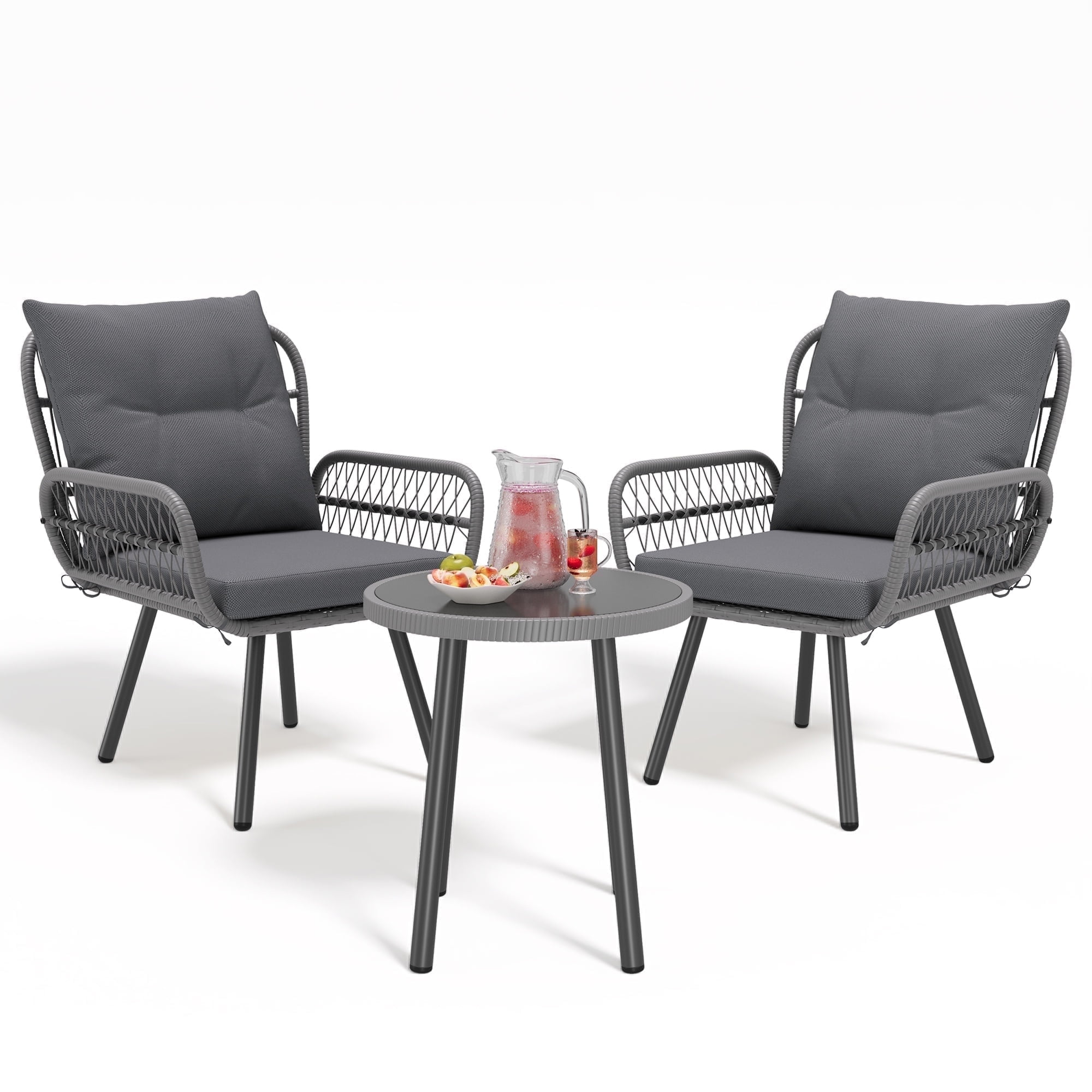 Homall Outdoor 3 Piece Patio Bistro Furniture Set Rattan Chair with Cushion and Coffee Table Patio Furniture Set Balcony Garden Porch Beige