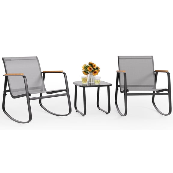 Noelse 3 Piece Patio Rocking Bistro Set, Outdoor Rocking Chairs with Textilene Fabric & Wooden Armrests, Tempered Glass Table for Lawn, Porch, Balcony, Gray