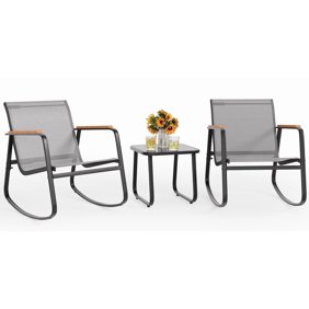 Noelse 3 Piece Outdoor Rocking Chair Set with Coffee Table, Patio Furniture Set with Textilene Fabric, Wooden Armrests, Gray