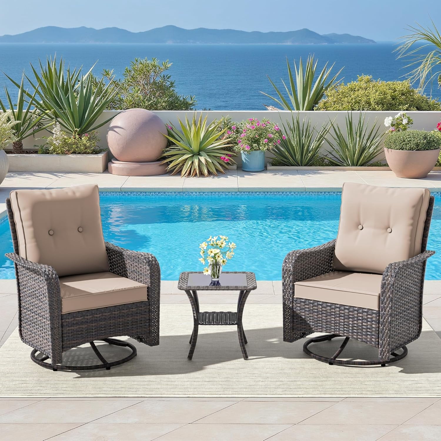 3 Piece Wicker Patio Chairs Outdoor Swivel Rocker Chairs with 4”Thick ...