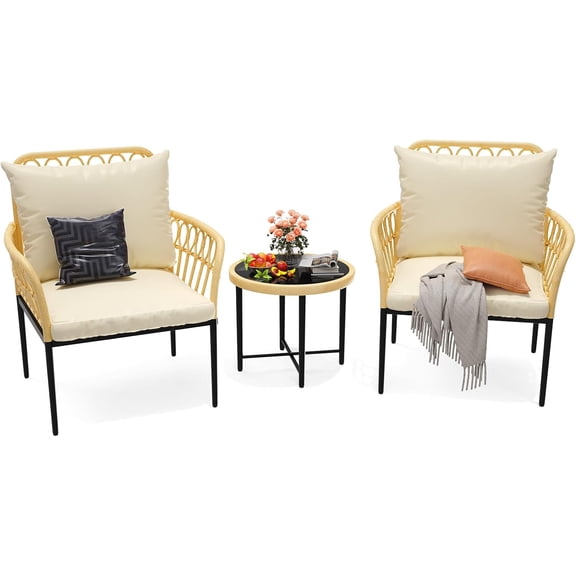 3 Piece Wicker Patio Furniture Set with Metal Frame, All-Weather Outdoor Furniture with 2 Cushioned Chairs and Round Glass Coffee Table for Garden, Balcony, Backyard, Porch, Beige