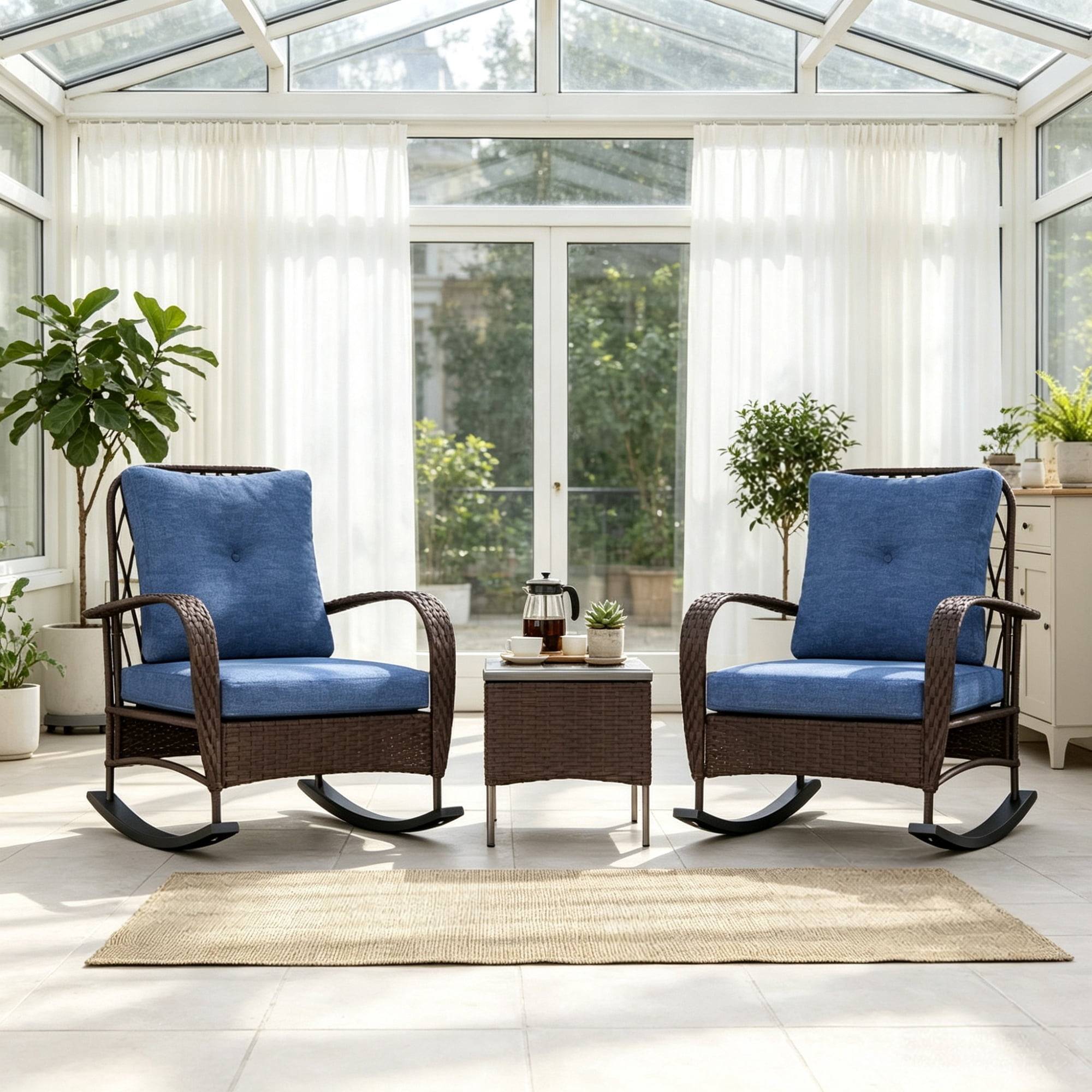 3-Piece Wicker Patio Furniture Set, Outdoor PE Rattan Rocking Chairs with Coffee Table & Plush Cushions, Brown
