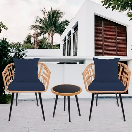 3 Piece Wicker Patio Sets, Outdoor Chairs Set with Navy Cushions, Natural Color Wicker Bistro Set, Backyard Conversation Chairs Set with 2 Armchairs and Tempered Glass Coffee Table, D8553
