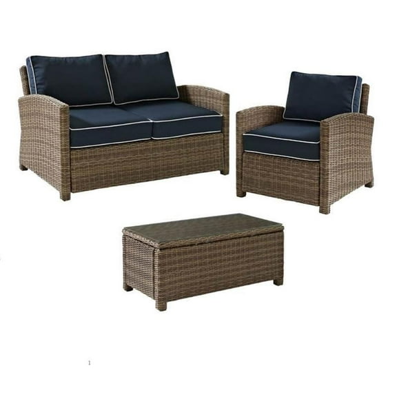 3 Piece Wicker Patio Sofa Set with Loveseat and Arm chair with Coffee Table in Blue