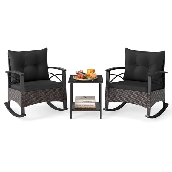 3 Piece Wicker Rocking Chair Bistro Set with Coffee Table for Patio