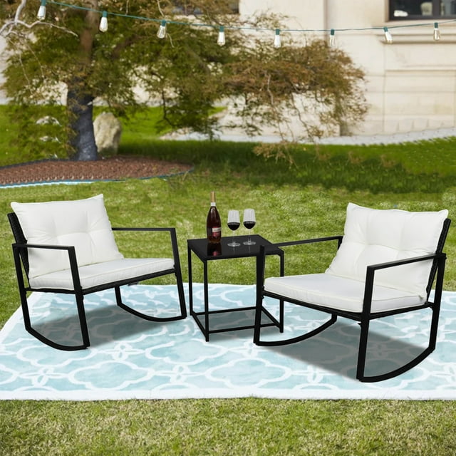 3 Piece Wicker Rocking Chair Set, Patio Furniture with Rocking Chairs and Coffee Table, Outdoor Rocking Chair Sets for Lawn, Yard, Garden, Rocker Bistro Set, Patio Lounge Chair, White Cushion, W10681
