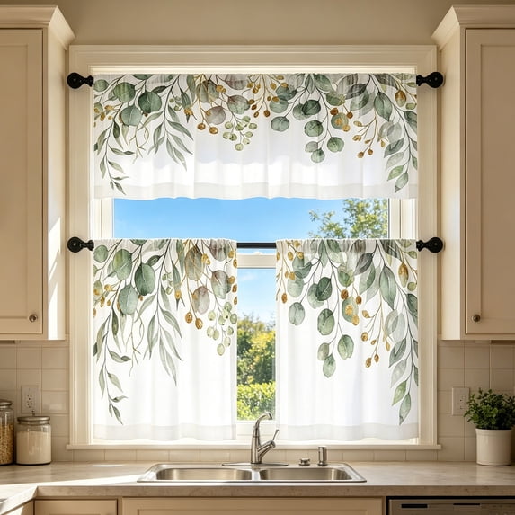 3-Piece Window Curtain Set, 17.7" Valance & 27.5"x39.3" 2-Tier Panels, Rod Pocket Complete Cafe Curtains for Home Decor