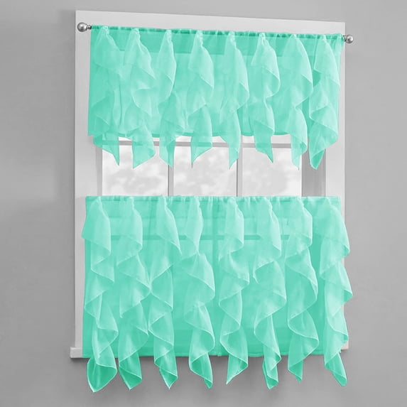3 Piece Window Curtain Set Waterfall Design One Valance Two Tiers 36 in Long (Aqua)