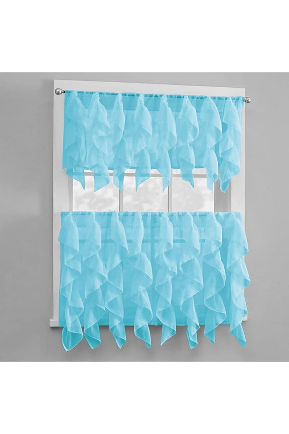 3 Piece Window Curtain Set Waterfall Design One Valance Two Tiers 36 in Long (Blue)