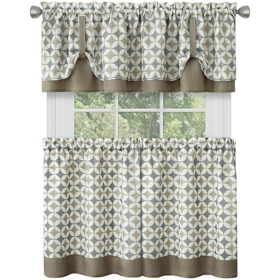 3-Piece Window Kitchen Curtain Set with Double Layer Plaid Gingham Fabric, Tier Pair Panels and Cuff Tab Top Valance, Farmhouse Decor, Olive, 24" Panel Length