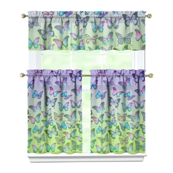 3-Piece Window Treatment Panels - Watercolor Butterfly & Floral Garden, Semi-Sheer Tier Curtains