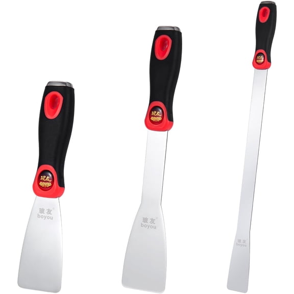 3-Piece Windshield Removal Scraper Set, Stainless Steel Putty Knives with Ergonomic Handle, Multi-Size Scraper Tools for Auto Glass Adhesive, Decal, Caulk, Paint, Sticker Removal