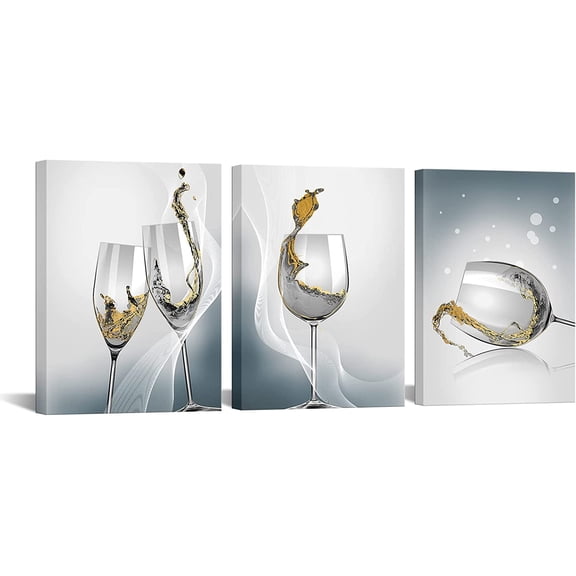 3 Piece Wine Canvas Wall Art Kitchen Wall Decor Blue Gold Wine Cup Painting Print Modern Home Wall Artwork for Dining Room Restaurant Bar Men Cave Decoration Stretched and Framed