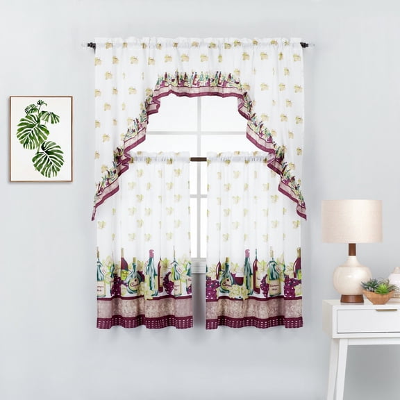 3 Piece Wine Printed Kitchen Window Curtain Panel Tiers and Swag Valance Set