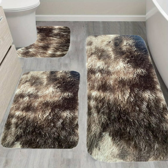 3-Piece Winter Bathroom Rug Set - Thick Plush Toilet Mat, Shower Carpet, Dark Color Anti-Slip Backing, for Cold Floors Home Spa Decor, Water Absorption Quick Dry Mats, Brown