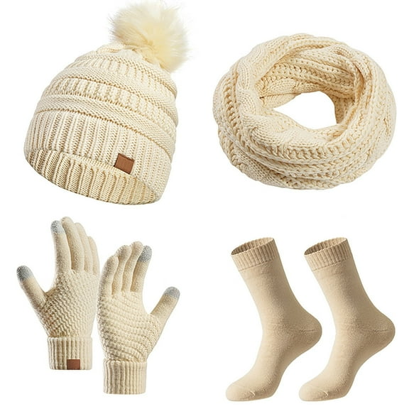 3 Piece Winter Beanie Hat Scarf Gloves Set Women Pom Pom Long Scarf Fleece Lined Touchscreen Gloves Warm Knit Beanie Women's Fashion Scarves Beige One Size