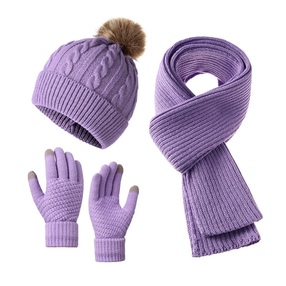 3 Piece Winter Hat Scarf Gloves Warmer, Warm Fleece Knit Hat Long Scarf Neck Warmer Touch Screen Winter Gloves Set Gifts for Women