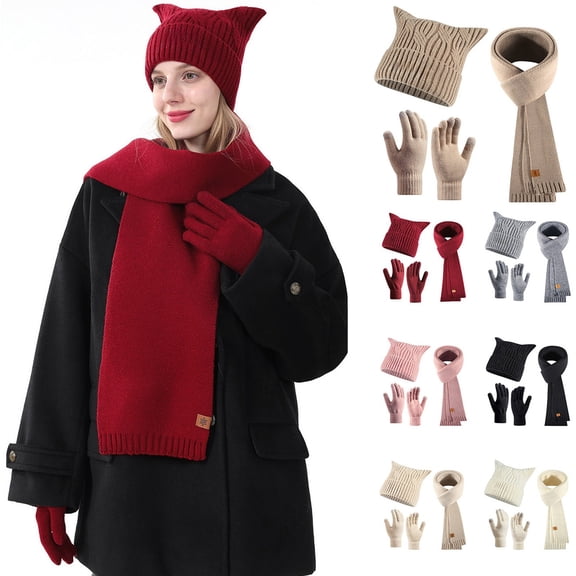 3 Piece Winter Hats for Women Scarf Touchscreen Gloves Set Thick Warm Lined Beanie Hat Gifts Christmas #02 Red