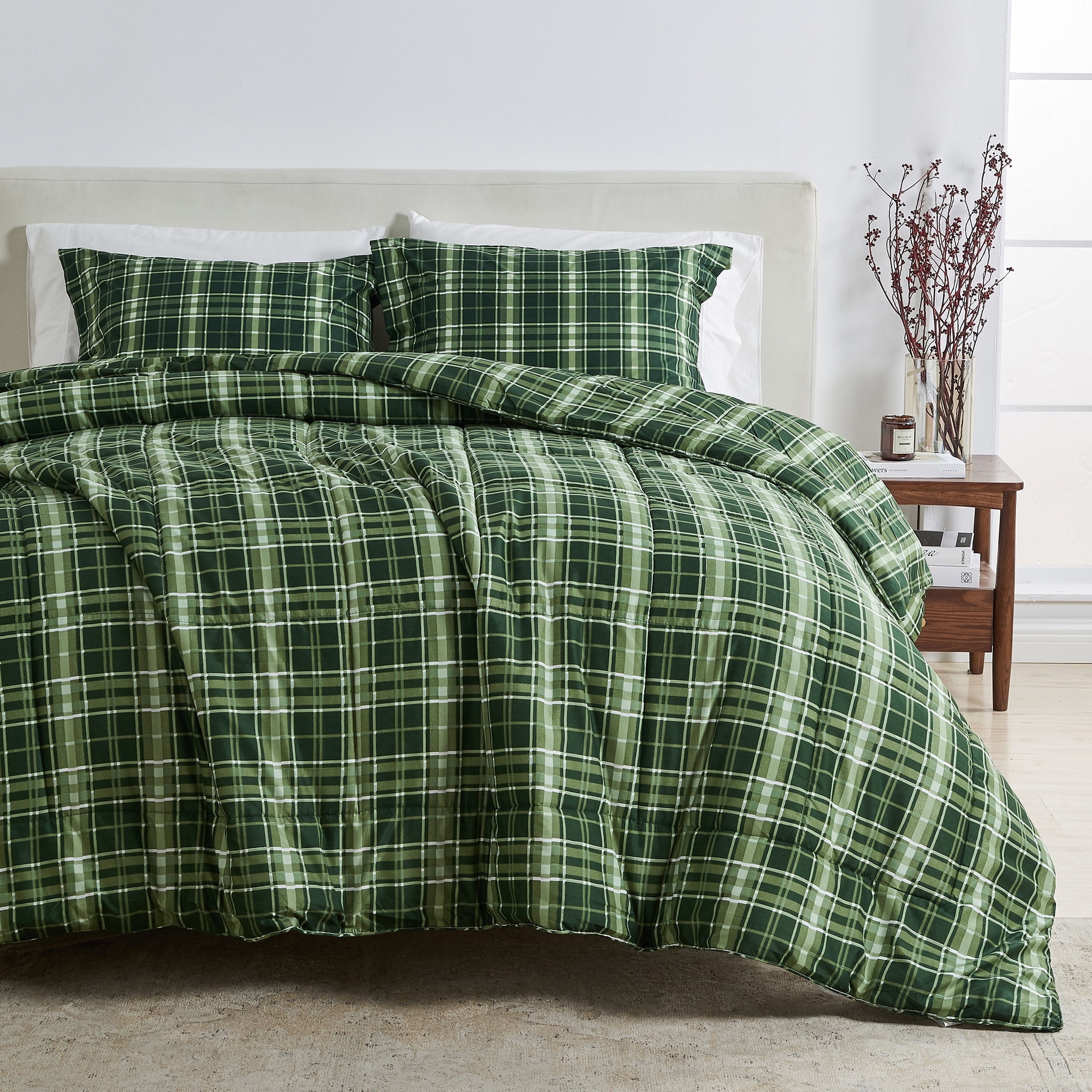 King Size Forest Green Plaid Microfiber Down Alternative Comforter Set