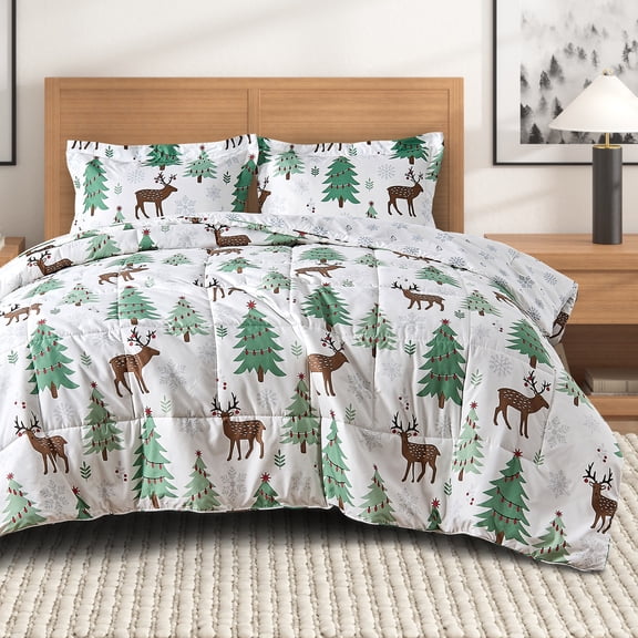 3-Piece Winter-Printed Down Alternative Comfort Set with Shams (King, Deer, Trees, Snow)
