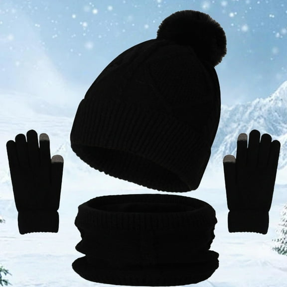 3-Piece Winter Set for Women, Beanie Hat Scarf and Touchscreen Gloves Set, Warm Fleece Lined Knit Accessories, Chunky Cable Pattern Cold Weather Set for Outdoor Activities Black