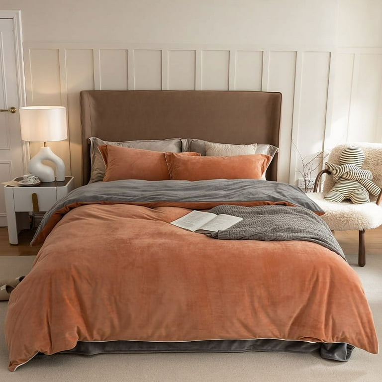 3 Piece Winter Warm Caramel Pumpkin and Grey Reversible Comforter Cover Crystal Flannel Bedding Sets Velvet King Duvet Cover Set