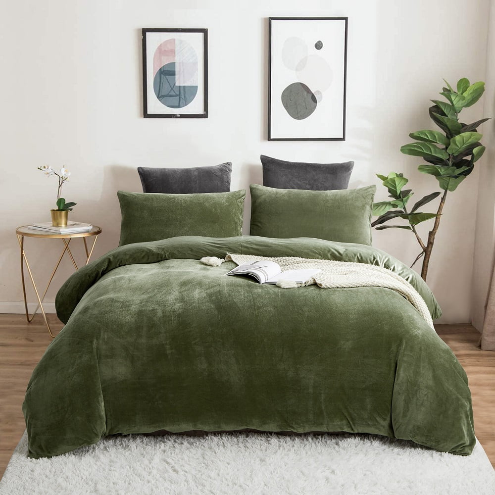 3 Piece Winter Warm Olive Green Comforter Cover Crystal Flannel Bedding  Sets Velvet King Duvet Cover Set