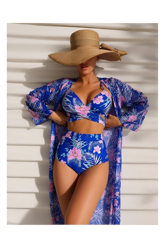 3 Piece Women's Swimsuit, Sexy Floral Printed Push Up Bikini Set with Cover Ups, High Waist Beach Wear Blue