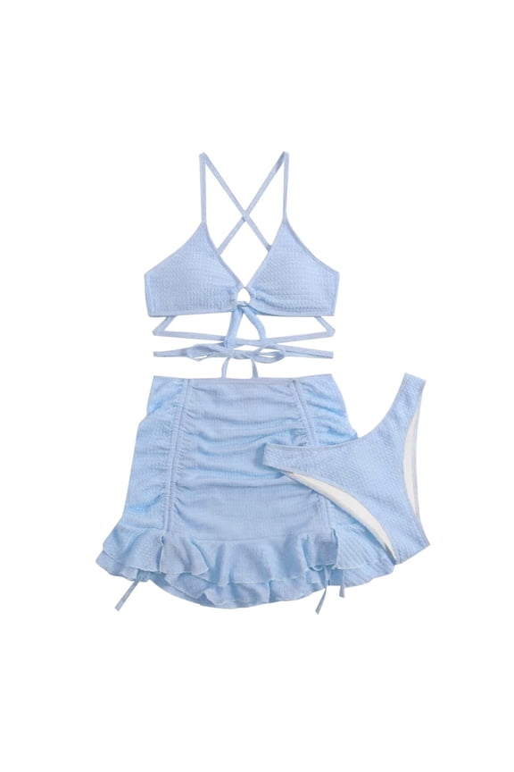 3 Piece Womens Bikini Swimsuit Three Piece Bikini Set Solid Color with Wrap Skirt Beach Bathing Suit Summer Swimwear Blue M