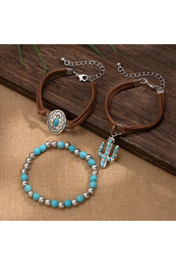 3-Piece Womens Multicolor Bracelet Set: Beaded, Wrap & Charm Styles