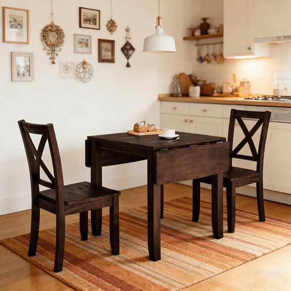 3-Piece Wood Drop Leaf Breakfast Nook Dining Table Set with 2 X-Back Chairs - Space-Saving Folding Kitchen Table for Small Places, Apartment, Small Kitchen, Dining Room