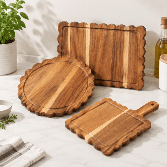 3-Piece Wood Scalloped Serving Board Set For Cheese, Meat, Fruit, Bread