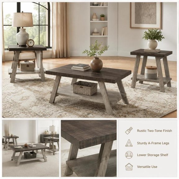 3-Piece Wood Shelf Coffee Table Set, Weathered Walnut and Gray, with Integrated Storage Shelf, Athens Collection