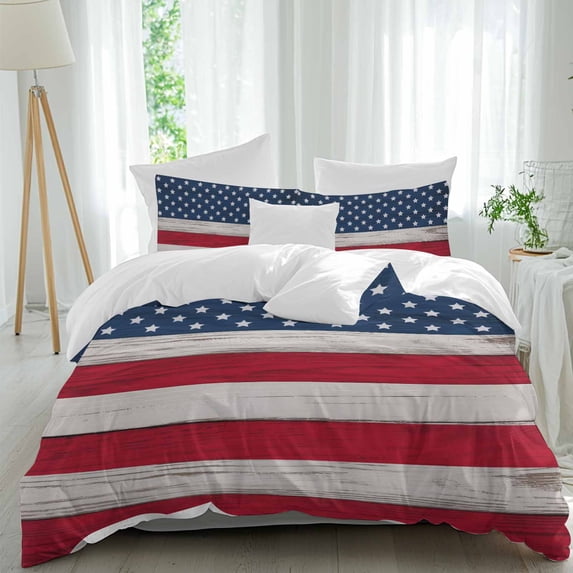 3 Piece Wooden American Flag Duvet Cover Set Twin Size,Microfiber Comforter/Quilt Cover with Corner Ties and 2 Pillowcases,Independence Day Star Striped Flag All Season Bedding with Zipper Closure