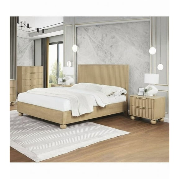 3 Piece Wooden Bedroom Set with Fluted Panels, Eastern King Platform Bed Nightstand and Chest, Light Oak