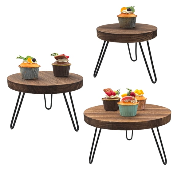3-Piece Wooden Cake Stand Set, 8/10/12 Inch Round Rustic Dessert Pedestal with Metal Legs for Weddings & Parties