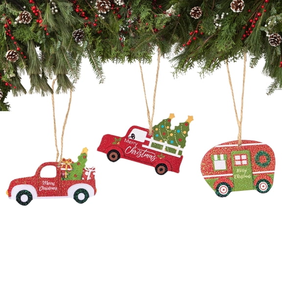 3-Piece Wooden Christmas Ornaments – Rustic Red Truck and Camper Holiday Hanging Decorations, Hand-Painted Vintage Farmhouse Style for Tree, Wreath & Garland Display, Seasonal Home Decor Gift Set