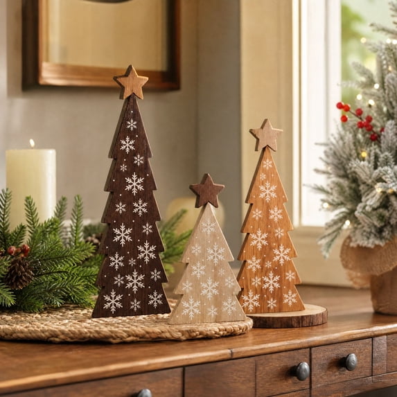 3 Piece Wooden Christmas Tree Set, Vintage Paint Tabletop Decorations, Solid Wood Holiday Ornaments for Storefront Mantel Dining Table, Farmhouse Home Accent