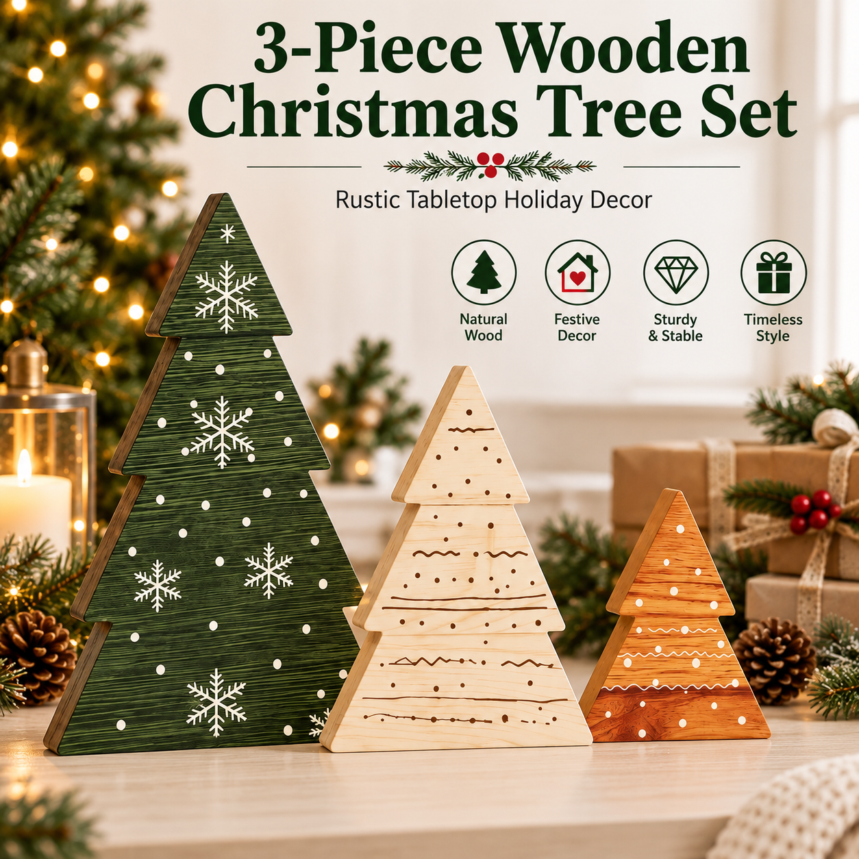 3 Piece Wooden Christmas Tree Tabletop Decor Set Double Sided Rustic 