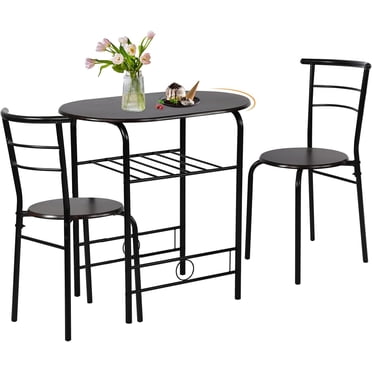Shahoo 3-Piece Wooden Dining Table Set, Kitchen Breakfast Nook Sets With 2 Chairs & Round Tabletop, Space Saving Furniture Metal Frame And Built-in Wine Rack, Brown - Table & Chair
